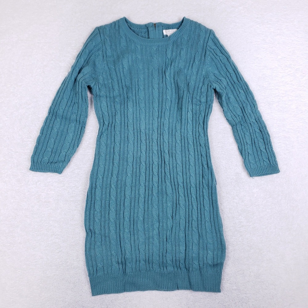 Forever 21 Sweater Dress Womens Medium Teal Cable Knit 3/4‎ Sleeve Back Zip Mini
